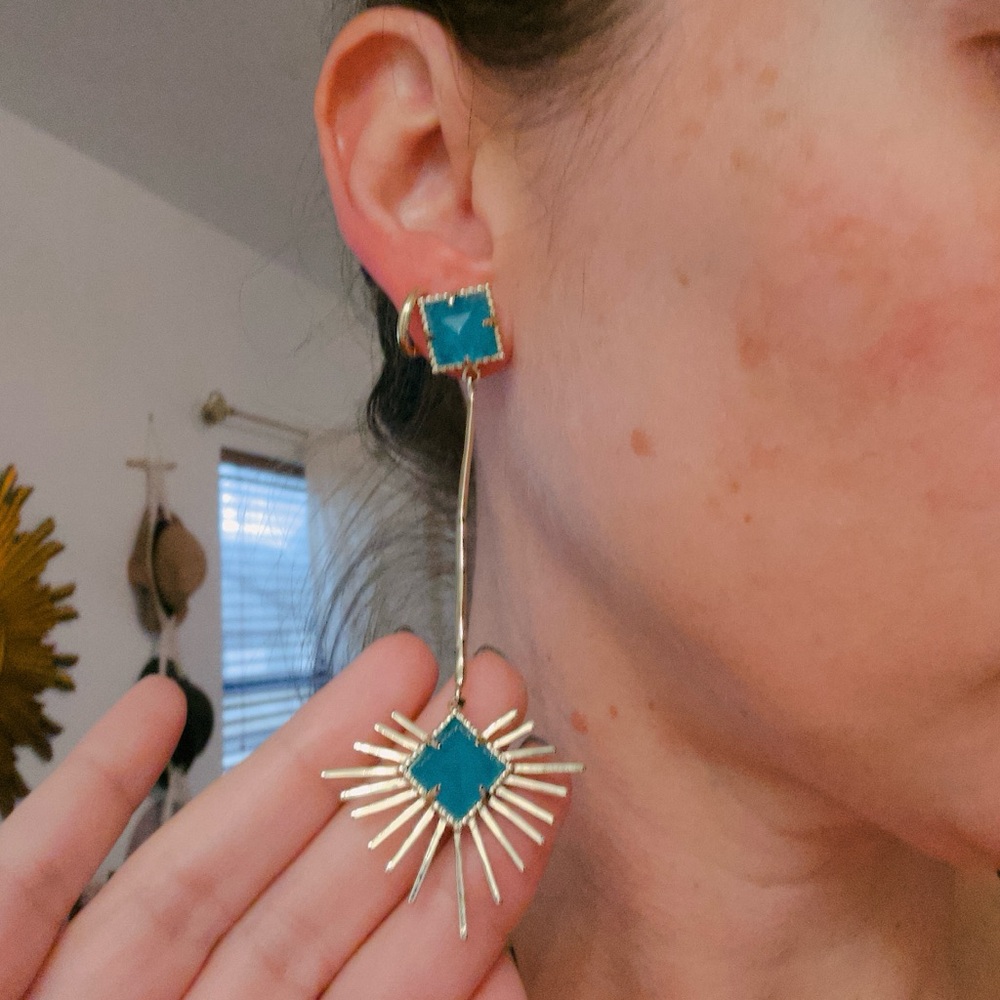 Kendra Scott Vintage Gold and turquoise blue starburst drop Earrings - Picture 4 of 8